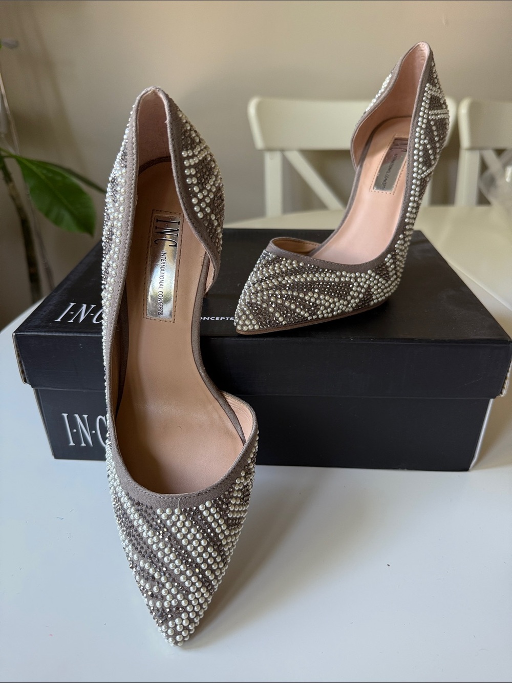 INC International Concepts Taupe Pearl-Studded D'Orsay Pumps